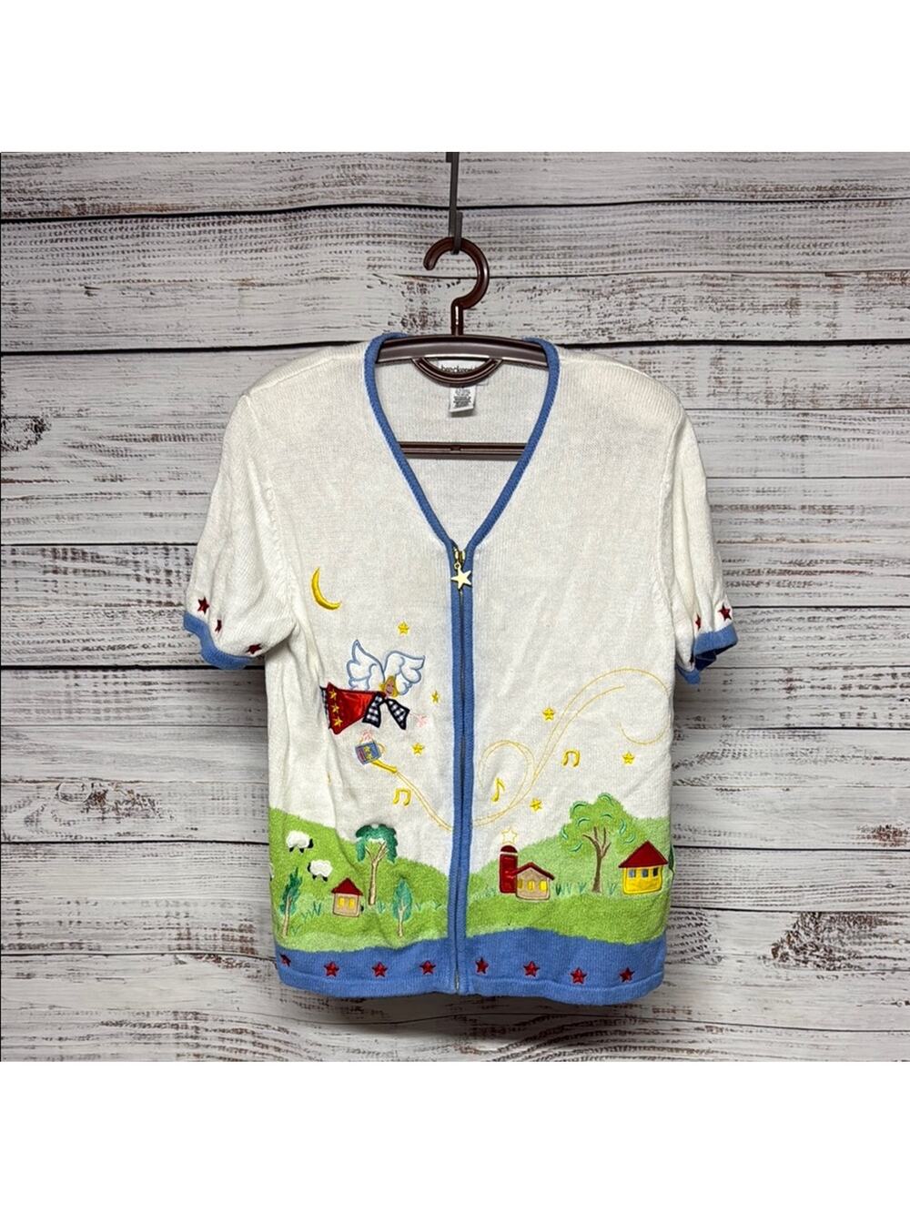 Breckenridge White Blue Embroidered Whimsical Cardigan Small Farm Angel Vintage